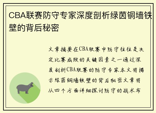CBA联赛防守专家深度剖析绿茵铜墙铁壁的背后秘密