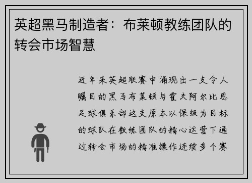 英超黑马制造者：布莱顿教练团队的转会市场智慧