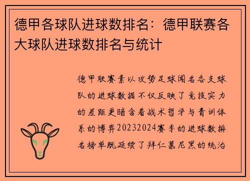 德甲各球队进球数排名：德甲联赛各大球队进球数排名与统计